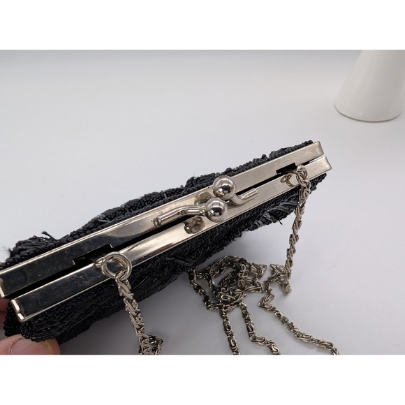 Vintage Whittall & Shon Black Beaded Shell Clutch -Art Deco Scallope Evening Bag - Picture 4 of 7